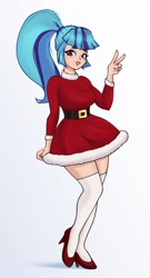 Size: 1510x2805 | Tagged: safe, artist:aquaticvibes, character:sonata dusk, species:human, g4, my little pony:equestria girls, breasts, busty sonata dusk, christmas, clothing, colored eyebrows, costume, eyebrows, eyelashes, female, hat, high heels, holiday, humanized, looking at you, miniskirt, peace sign, ponytail, santa costume, santa hat, shoes, simple background, skirt, smiling, socks, solo, species swap, thigh highs, white background