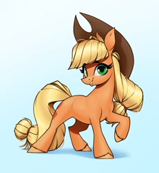Size: 2320x2510 | Tagged: safe, artist:aquaticvibes, character:applejack, species:earth pony, species:pony, g4, apple family member, applejack's hat, clothing, cowboy hat, eyebrows, eyelashes, freckles, gradient background, hat, hooves, looking at you, one hoof raised, ponytail, simple background, smiling, stetson