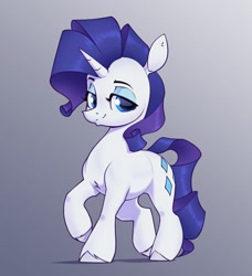 Size: 1900x2080 | Tagged: safe, artist:aquaticvibes, character:rarity, species:pony, species:unicorn, g4, eyebrows, eyelashes, eyeshadow, female, gradient background, horn, looking at you, makeup, mare, simple background, smiling, solo, trotting