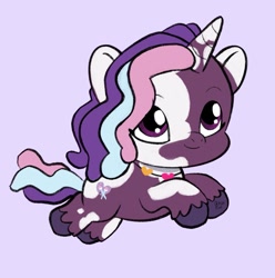 Size: 1351x1360 | Tagged: safe, artist:amynewblue, character:violette rainbow, species:pony, species:unicorn, g5, dreadlocks, female, filly, foal, horn, jewelry, lavender background, looking up, mottled coat, necklace, simple background, smiling, solo, tail, unshorn fetlocks, vitiligo, young