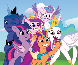 Size: 1804x1495 | Tagged: safe, artist:prixy05, derpibooru original, character:princess cadance, character:princess celestia, character:princess flurry heart, character:princess luna, character:sunny starscout, character:twilight sparkle, character:twilight sparkle (alicorn), species:alicorn, species:pony, g4, g5, my little pony: tell your tale, alicorn hexarchy, alicorn pentarchy, alicorn tetrarchy, alicornified, baby, baby pony, cellphone, colored wings, crown, cute, cutedance, cutelestia, female, filly, flowing mane, flurrybetes, g4 to g5, generation leap, grin, group, group photo, height difference, jewelry, lunabetes, magic horn, magic wings, mane stripe sunny, mare, multicolored wings, open mouth, open smile, pale belly, phone, race swap, regalia, royal sisters, selfie, siblings, sisters, size difference, smartphone, smiling, sunny and her heroine, sunnybetes, sunnycorn, tall, tongue out, twiabetes, two toned wings, unshorn fetlocks, wings, young
