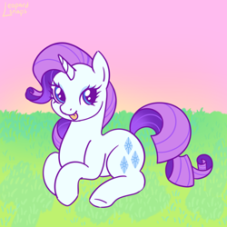 Size: 1300x1300 | Tagged: safe, artist:leopardsnaps, character:rarity, species:pony, species:unicorn, g4, gradient hair, grass, looking at you, lying down, multicolored hair, outdoors, pink sky, sky, smiling, solo, sun, sunrise, tongue out