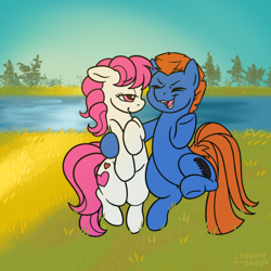 Size: 3000x3000 | Tagged: safe, alternate version, artist:leopardsnaps, character:sweetheart, character:teddy, species:earth pony, species:pony, g1, my little pony tales, detailed background, duo, ears back, eyes closed, grass, hug, lidded eyes, looking at someone, open mouth, open smile, raised hoof, raised leg, river, shipping, shy, side hug, smiling, sun, sunbeam, sunrise, talking, tree