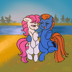 Size: 3000x3000 | Tagged: safe, alternate version, artist:leopardsnaps, character:sweetheart, character:teddy, species:earth pony, species:pony, g1, my little pony tales, detailed background, duo, ears back, eyes closed, grass, hug, lidded eyes, looking at someone, open mouth, open smile, raised hoof, raised leg, river, shipping, shy, side hug, smiling, sun, sunbeam, sunrise, talking, tree