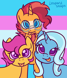 Size: 3000x3500 | Tagged: safe, artist:leopardsnaps, character:scootaloo, character:sunburst, character:trixie, species:pegasus, species:pony, species:unicorn, g4, beard, facial hair, female, filly, glasses, looking at you, male, mare, pride, pride flag, pride flag background, smiling, stallion, tongue out, transgender pride flag, young