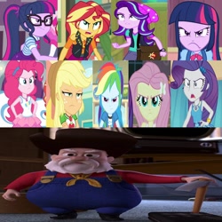 Size: 828x828 | Tagged: safe, artist:questphillips, edit, edited screencap, screencap, character:applejack, character:fluttershy, character:pinkie pie, character:rainbow dash, character:rarity, character:starlight glimmer, character:sunset shimmer, character:twilight sparkle, character:twilight sparkle (scitwi), species:eqg human, species:human, g4, my little pony:equestria girls, angry, apple family member, crossover, disney, disney villains, duality, female, humane nine, male, pixar, self paradox, stinky pete, toy, toy story, toy story 2, twolight