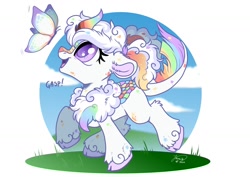 Size: 1200x849 | Tagged: safe, artist:julunis14, oc, oc only, oc:cloudy canvas, species:kirin, butterfly, comic, excited, grass field, happy, kirin oc, non-pony oc, outside, prancing, rainbow horn, rainbow tail, solo