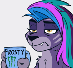 Size: 735x680 | Tagged: safe, artist:rutkotka, character:allura, species:aq bars, species:snow leopard, g5, my little pony: make your mark, my little pony: tell your tale, chest fluff, coffee mug, female, frown, mug, simple background, solo, three quarter view, winged big cat