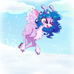 Size: 2500x2500 | Tagged: safe, artist:rurihal, character:izzy moonbow, species:deer, species:reindeer, species:unicorn, g5, chest fluff, cloven hooves, coat markings, colored hooves, cute, gradient hair, high res, hooves, hybrid, izzybetes, multicolored hair, open mouth, open smile, original species, reindeerified, smiling, snow, snowfall, socks (coat marking), solo, species swap, unshorn fetlocks