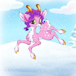 Size: 2500x2500 | Tagged: safe, artist:rurihal, character:pipp petals, species:deer, species:pegasus, species:reindeer, g5, adorapipp, chest fluff, cloud, cloven hooves, coat markings, colored eyebrows, colored hooves, countershading, cute, dappled, doe, ear fluff, female, fluffy, gold hooves, high res, hooves, hybrid, leaping, looking at you, original species, pale belly, pipp wings, reindeerified, skinny pipp, sky background, slender, smiling, smiling at you, snow, snowfall, socks (coat marking), solo, species swap, thin, tree, unshorn fetlocks