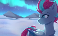 Size: 2048x1288 | Tagged: safe, artist:maxi_ponie, character:zipp storm, species:pegasus, species:pony, g5, aurora borealis, beautiful, colored pupils, female, looking back, mare, mountain, profile, smiling, snow, solo, storm