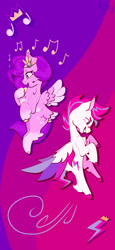 Size: 946x2048 | Tagged: safe, artist:k1ttygam3r, character:pipp petals, character:zipp storm, species:pegasus, species:pony, g5, my little pony: a new generation, abstract background, circlet, colored wings, cutie mark, cutie mark background, duo, female, flying, multicolored wings, music notes, pipp wings, profile, royal sisters (g5), siblings, sisters, smiling, spread wings, two toned wings, vertical, wings