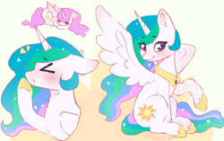 Size: 2336x1463 | Tagged: safe, artist:tiiruki, character:princess celestia, species:alicorn, species:pony, g4, ><, alternate hair color, blushing, clothing, cute, cutelestia, eye clipping through hair, eyebrows, eyebrows visible through hair, eyes closed, female, floppy ears, folded wings, hoof shoes, horn, jewelry, looking at you, lying down, mare, necklace, peytral, pink-mane celestia, princess shoes, prone, raised hoof, shoes, sitting, sleeping, smiling, smiling at you, solo, spread wings, wings