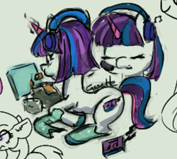Size: 882x795 | Tagged: artist needed, source needed, safe, species:pony, species:unicorn, g5, my little pony: tell your tale, aggie.io, cassette jam, chips, clothing, eating, eyes closed, female, food, headphones, headset, lying down, magic, mare, microphone, music notes, open mouth, ponyloaf, prone, simple background, smiling, socks, stockings, tablet, text, thigh highs, unnamed character, unnamed pony