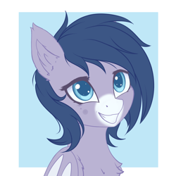 Size: 2000x2000 | Tagged: safe, artist:adagiostring, oc, oc:orange slice, species:bat pony, species:pony, bust, chest fluff, freckles, looking at you, messy mane, nonbinary, smiling, smiling at you, solo, ych result