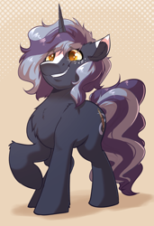 Size: 2584x3784 | Tagged: safe, artist:witchtaunter, oc, oc:witching hour, species:pony, species:unicorn, awkward, male, simple background, smiling, stallion