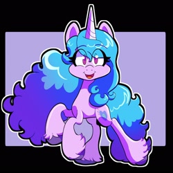 Size: 1920x1920 | Tagged: safe, artist:galaxydream22, character:izzy moonbow, species:pony, species:unicorn, g5, colored hooves, cute, eye clipping through hair, eyebrows, eyebrows visible through hair, female, full face view, gradient hair, happy, hooves, izzybetes, looking at you, mare, multicolored hair, open mouth, open smile, outline, raised hoof, raised leg, smiling, solo, unshorn fetlocks, white outline