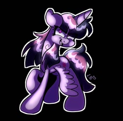 Size: 1000x980 | Tagged: safe, artist:galaxydream22, character:mean twilight sparkle, character:twilight sparkle, species:alicorn, species:pony, g4, black background, evil grin, female, floppy ears, grin, looking at you, mare, outline, raised hoof, signature, simple background, smiling, solo, white outline