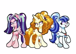 Size: 1250x900 | Tagged: safe, artist:galaxydream22, character:adagio dazzle, character:aria blaze, character:sonata dusk, species:earth pony, species:pegasus, species:pony, species:unicorn, g4, my little pony:equestria girls, female, gem, mare, ponified, raised hoof, simple background, siren gem, species swap, the dazzlings, three quarter view, white background