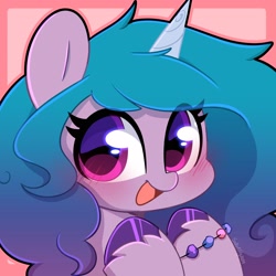 Size: 2050x2050 | Tagged: safe, artist:sakukitty, character:izzy moonbow, species:pony, species:unicorn, g5, blushing, bracelet, colored hooves, cute, eye clipping through hair, female, friendship bracelet, high res, hooves, horn, izzybetes, jewelry, looking at you, mare, open mouth, open smile, signature, simple background, smiling, smiling at you, solo, unshorn fetlocks