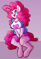Size: 2800x4000 | Tagged: safe, alternate version, artist:witchtaunter, derpibooru original, character:pinkie pie, species:anthro, species:earth pony, species:unguligrade anthro, g4, clothing, equestria girls outfit, female, mare, sitting, solo