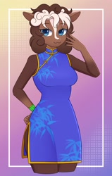 Size: 2038x3200 | Tagged: safe, artist:handgunboi, oc, oc:nacelle, species:anthro, species:sheep, cheongsam, clothing, commission, eyebrows, eyelashes, female, gradient background, looking at you, simple background, sleeveless, smiling, solo