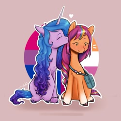 Size: 1080x1079 | Tagged: safe, artist:carolina_art, character:izzy moonbow, character:sunny starscout, species:earth pony, species:pony, species:unicorn, ship:starbow, g5, bag, bisexual pride flag, bracelet, coat markings, colored hooves, cute, female, gay panic, gradient hair, heart, hooves, jewelry, kissing, lesbian, lesbian pride flag, mane stripe sunny, multicolored hair, pride, pride flag, profile, saddle bag, satchel, shipping, simple background, sitting, socks (coat marking), sunny's buttons, unshorn fetlocks