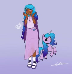 Size: 1080x1117 | Tagged: safe, artist:carolina_art, part of a set, character:izzy moonbow, species:human, species:pony, species:unicorn, g5, bracelet, clothing, colored hooves, cute, dark skin, female, gradient background, gradient hair, hooves, human ponidox, humanized, izzybetes, jewelry, looking at you, mare, multicolored hair, open mouth, open smile, ponidox, self paradox, self ponidox, signature, smiling, smiling at you, socks, species swap, unshorn fetlocks