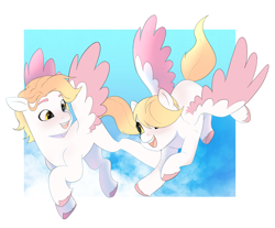 Size: 2282x1890 | Tagged: safe, artist:aztrial, species:pegasus, species:pony, episode:make your mark, g5, my little pony: make your mark, background pony, cloud, colored hooves, colored wings, cute, duo, duo female, female, filly, flying, foal, hair over one eye, happy, hooves, looking at each other, looking at someone, multicolored wings, open mouth, open smile, siblings, smiling, twins, twirl, two toned wings, unnamed character, unnamed pony, unshorn fetlocks, whirl, wings, young