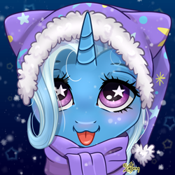 Size: 1748x1748 | Tagged: safe, artist:lailyren, character:trixie, species:pony, species:unicorn, g4, :3, blep, blushing, bust, clothing, cute, diatrixes, female, hat, horn, looking at you, mare, portrait, scarf, smiling, smiling at you, snow, snowfall, solo, starry eyes, tongue out, wingding eyes, winter hat