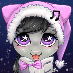 Size: 1748x1748 | Tagged: safe, artist:lailyren, character:octavia melody, species:earth pony, species:pony, g4, :3, blep, blushing, bust, clothing, cute, female, hat, looking at you, mare, music notes, portrait, scarf, smiling, smiling at you, snow, snowfall, solo, starry eyes, tavibetes, tongue out, wingding eyes, winter hat