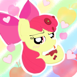 Size: 4096x4096 | Tagged: safe, artist:tiga mega, character:apple bloom, species:earth pony, species:pony, episode:somepony to watch over me, g4, my little pony: friendship is magic, adorabloom, apple, apple family member, behaving like a cat, blushing, cute, female, filly, foal, food, heart, licking, looking at you, pea, sauce, solo, tongue out, young