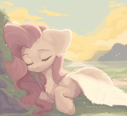 Size: 3500x3200 | Tagged: safe, artist:avroras_world, character:fluttershy, species:pegasus, species:pony, g4, chest fluff, cute, eyes closed, female, high res, lying down, mare, outdoors, prone, shyabetes, sleeping, solo, wings