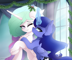 Size: 6000x5000 | Tagged: safe, artist:natanvok, character:princess celestia, character:princess luna, species:alicorn, species:pony, g4, absurd resolution, chest fluff, christmas, duo, duo female, ear fluff, eyebrows, eyebrows visible through hair, female, folded wings, glowing horn, holiday, holly, holly mistaken for mistletoe, horn, indoors, levitation, magic, magic aura, mare, one eye closed, raised hoof, royal sisters, siblings, sisters, smiling, telekinesis, window, wings, wink