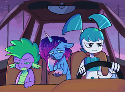 Size: 1171x866 | Tagged: safe, artist:kreeeeeez, character:misty brightdawn, character:spike, species:unicorn, g4, g5, annoyed, car, crossover, driving, evening, jenny wakeman, looking down, my life as a teenage robot, television, tired, worn out