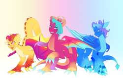Size: 4258x2695 | Tagged: safe, artist:aztrial, character:blaize skysong, character:fountain, character:luxxe, species:dragon, g5, dragoness, female, gradient background, simple background, trio, trio female