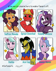 Size: 2919x3682 | Tagged: safe, artist:daisy_marshmallow, derpibooru original, character:dahlia, character:queen haven, character:saffron masala, character:sprout, character:violette rainbow, species:earth pony, species:human, species:pegasus, species:pony, species:unicorn, g4, g5, ace copular, clothing, crossover, crown, dreadlocks, female, hard hat, hat, jewelry, male, mare, mottled coat, one of these things is not like the others, regalia, scarf, six fanarts, smiling, stallion, sunglasses, the powerpuff girls, vitiligo