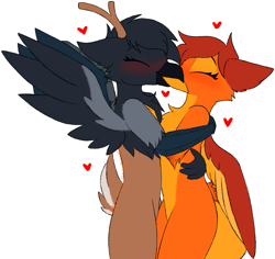 Size: 1459x1377 | Tagged: safe, artist:starstrucksocks, oc, oc only, oc:amber wing, oc:gráinne ní bhroin, species:deergriff, species:griffon, cybernetic arm, cybernetic wings, heart, hug, simple background, white background, wings