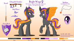 Size: 4500x2500 | Tagged: safe, artist:the_mpc, manebooru original, oc, oc:bright wings, species:bat pony, species:pony, g4, bat pony oc, buff, crossbow, female, hoof claws, jewelry, mare, necklace, pendant, reference, reference sheet, solo, sword, tall, weapon
