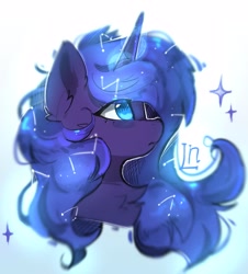 Size: 2317x2560 | Tagged: safe, artist:lunylin, character:princess luna, species:alicorn, species:pony, g4, bust, chest fluff, constellation hair, ear fluff, eye clipping through hair, female, galaxy mane, halation, high res, horn, mare, no pupils, portrait, profile, side view, solo