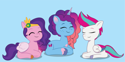 Size: 2701x1351 | Tagged: safe, artist:prixy05, character:misty brightdawn, character:pipp petals, character:zipp storm, species:pegasus, species:pony, species:unicorn, g5, my little pony: tell your tale, adorapipp, adorazipp, behaving like a cat, blue background, circlet, coat markings, colored hooves, cute, eyes closed, female, hooves, lying down, mare, mistybetes, pipp wings, ponyloaf, prone, rebirth misty, simple background, socks (coat marking), trio, trio female, unshorn fetlocks