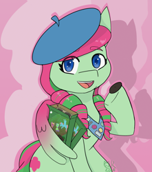 Size: 1669x1890 | Tagged: safe, artist:chillykitty, species:pegasus, species:pony, cel shading, character:scout kindheart, colored, cookie, female, food, girl scout, girl scout uniform, green coat, mare, solo