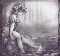 Size: 2000x1859 | Tagged: safe, artist:bantha, character:pinkie pie, species:anthro, species:earth pony, species:pony, g4, black and white, clothing, cute, diapinkes, explicit source, eyes closed, female, forest, grayscale, lake, mare, monochrome, one-piece swimsuit, solo, swimsuit, tree