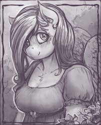 Size: 1599x1980 | Tagged: safe, artist:bantha, character:fluttershy, species:anthro, species:pegasus, species:pony, g4, beautiful, black and white, blushing, breasts, busty fluttershy, explicit source, eyelashes, feathered wings, female, grayscale, looking at you, mare, monochrome, portrait, smiling, solo