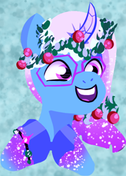 Size: 388x542 | Tagged: safe, artist:mazanity, character:comet, species:auroricorn, species:pony, g5, bracelet, coat markings, colored hooves, cometbetes, cute, glasses, gradient hair, hooves, horn, jewelry, male, multicolored hair, open mouth, open smile, smiling, socks (coat marking), solo, sparkly mane, stallion, unshorn fetlocks