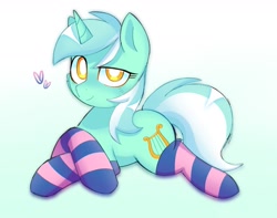Size: 1687x1327 | Tagged: safe, artist:sillyp0ne, character:lyra heartstrings, species:pony, species:unicorn, g4, clothing, female, gradient background, heart, horn, looking at you, lying down, mare, prone, smiling, smiling at you, socks, solo, striped socks