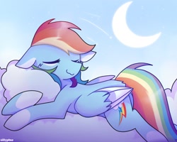 Size: 1736x1390 | Tagged: safe, artist:sillyp0ne, character:rainbow dash, species:pegasus, species:pony, g4, backwards cutie mark, cloud, crescent moon, cutie mark, eyes closed, female, floppy ears, folded wings, lying down, lying on a cloud, mare, moon, on a cloud, outdoors, prone, sky, sleeping, solo, wings