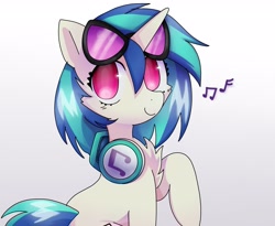 Size: 2577x2111 | Tagged: safe, artist:sillyp0ne, character:dj pon-3, character:vinyl scratch, species:pony, species:unicorn, g4, cheek fluff, chest fluff, female, gradient background, high res, horn, looking at you, mare, music notes, smiling, smiling at you, solo, vinyl's glasses