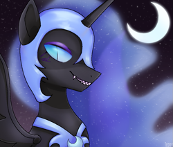 Size: 893x759 | Tagged: safe, artist:sillyp0ne, character:nightmare moon, character:princess luna, species:alicorn, species:pony, g4, crescent moon, fangs, female, helmet, horn, mare, moon, night, night sky, profile, sharp teeth, sky, smiling, solo, spread wings, stars, wings