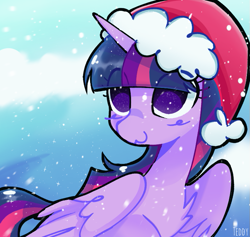 Size: 807x765 | Tagged: safe, artist:sillyp0ne, character:twilight sparkle, character:twilight sparkle (alicorn), species:alicorn, species:pony, g4, :3, christmas, clothing, eye clipping through hair, female, folded wings, hat, holiday, horn, mare, santa hat, smiling, snow, snowfall, solo, wings, winter